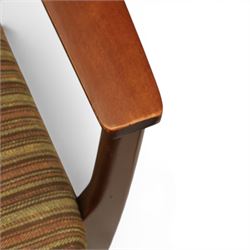 Parker Knoll - 'PK 988' open armchair, with teak frame, upholstered in a striped fabric, raised on tapering supports, the loose seat cushion supported on elasticated webbing 