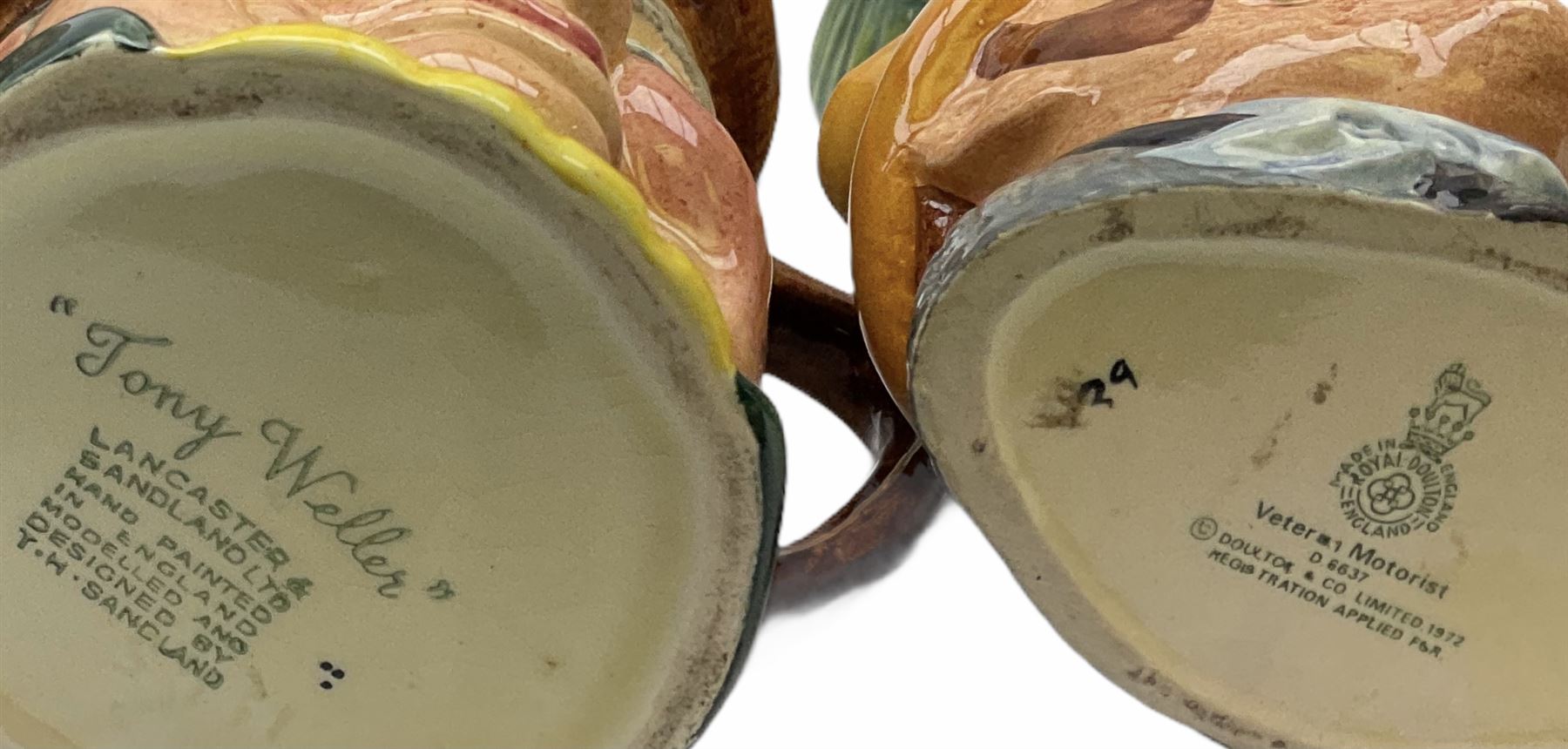 Character and toby jugs, including a staffordshire pottery style toby jug, Olfaire toby jug, Beswick character jug depicting Scrooge, Royal Doulton Veteral Motorist etc, together with Royal Doulton Sweet Dreams figure. 