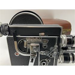 Paillard Bolex H8 RX4 cine camera body with turret for interchangeable lenses, serial no. 216071, with 'Macro Switar H8RX f1.4 36mm' lens, serial no.863406, 'Macro Switar H8RX f1.3 12.5mm' lens, serial no. 865770, 'Switar H8RX f1.6 5.5mm' lens, serial no. 937691 and RX fader, in fitted leather case