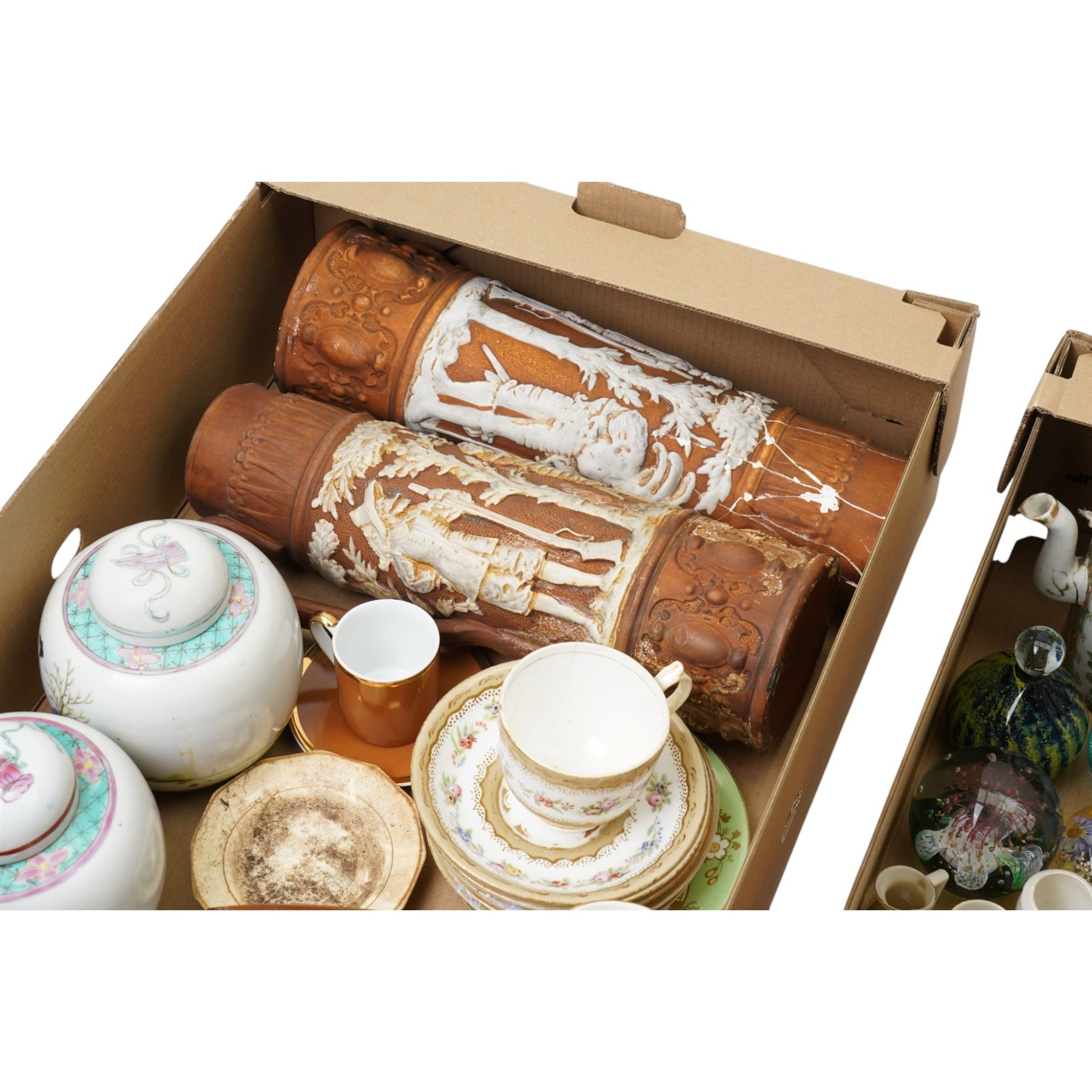 Canton famille rose teapot, covered tureen, pair of contemporary Chinese ginger jars, Victorian glass, paperweights etc, in two boxes