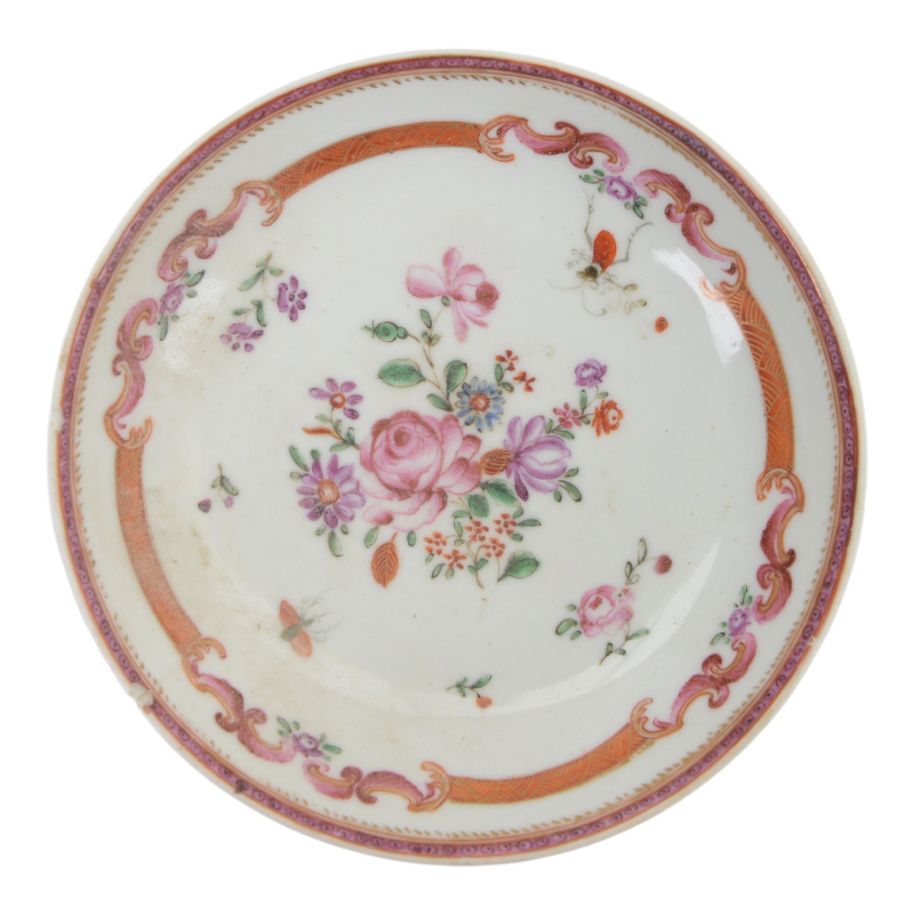 Amsterdam bont teapot, decorated with a basket of flowers, together with two Amsterdam bont saucers of similar design and five other saucers  