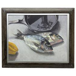 Neil Tyler (British 1945-): ‘Still Life - Two Bream’, oil on canvas signed and dates ‘03, titled verso 36cm x 46cm