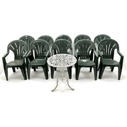 Set ten dark green plastic stacking garden chairs (W55cm) and a metal garden table (D62cm, H72cm)