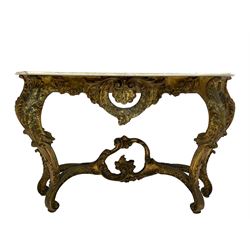 French Rococo design console or pier table, shaped and moulded pale marble top, the apron carved with pierced shell and scrolling acanthus leaves, extending flower head decoration, on four acanthus carved cabriole supports with scrolled terminals, united by shell moulded stretcher rails with central scrolled foliage cartouche 