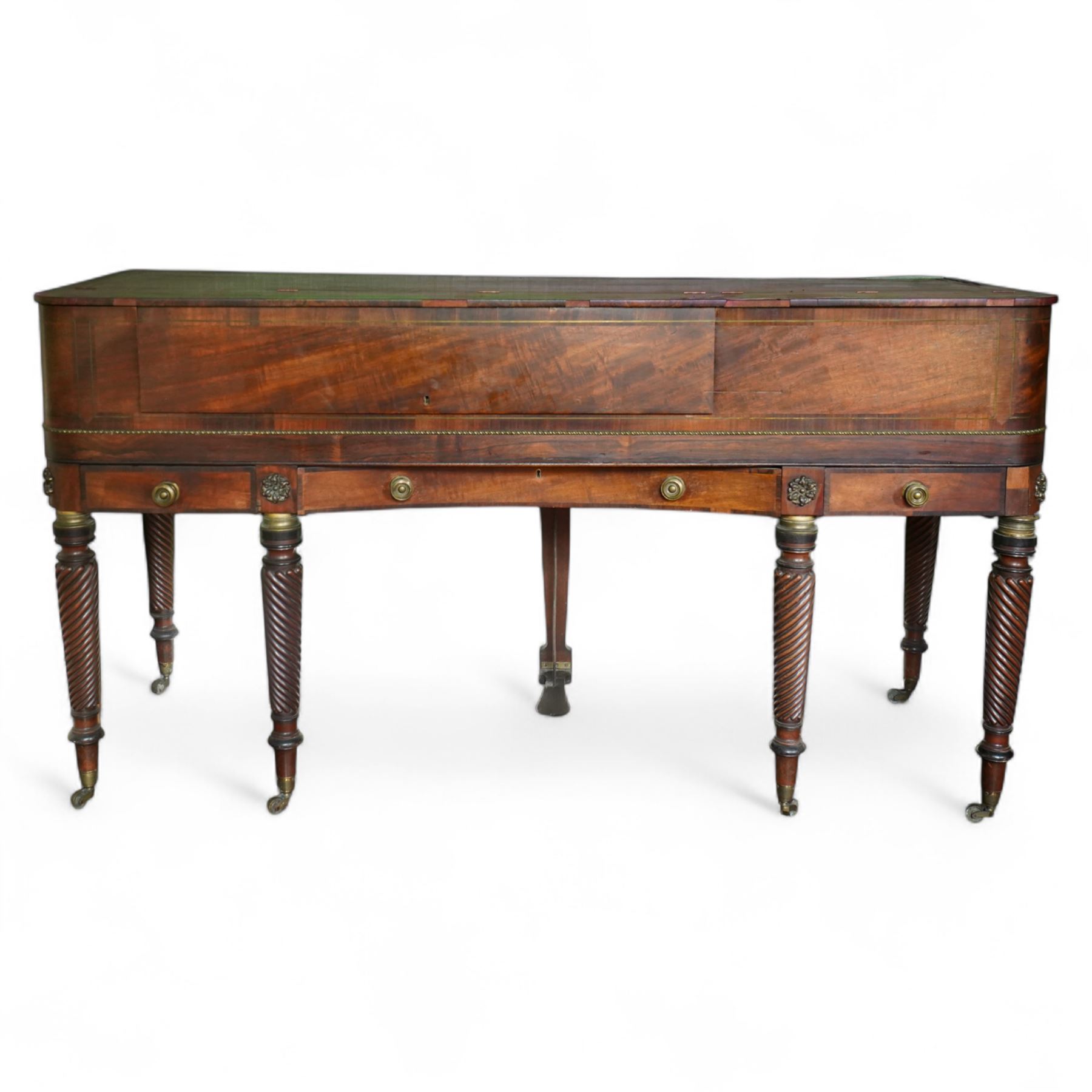 Early 19th century George IV Square Piano by William Rolfe & Co, 112 Cheapside, London, c1821. Mahogany veneered case with rosewood crossbanding and brass stringing, with sustain pedal and reeded legs on a tapered spiral with brass capitals, with three music draws beneath and a folding duet music stand, nameboard with makers name on a round gilt medallion and open silk backed fretwork to the ends, serial No 6699, double strung, English double action with 68 ivory and ebony keys, F1-C7. original strings, hammers and dampers, soundboard and bridge in good condition, with original makers written instructions on regulating the action and tuning the piano attached to the inside of the instrument. In good condition, however the action is in need of regulation and tuning.
William Rolfe is thought to have been in business between 1785 and 1828. 
Given the intricate nature of these historic instruments, specialist support will be available if required, to assist successful buyers with safe removal and onward handling. Price upon application.


This item has been registered for sale under section 10 of the APHA Ivory Act Reference PB6GL6SZ