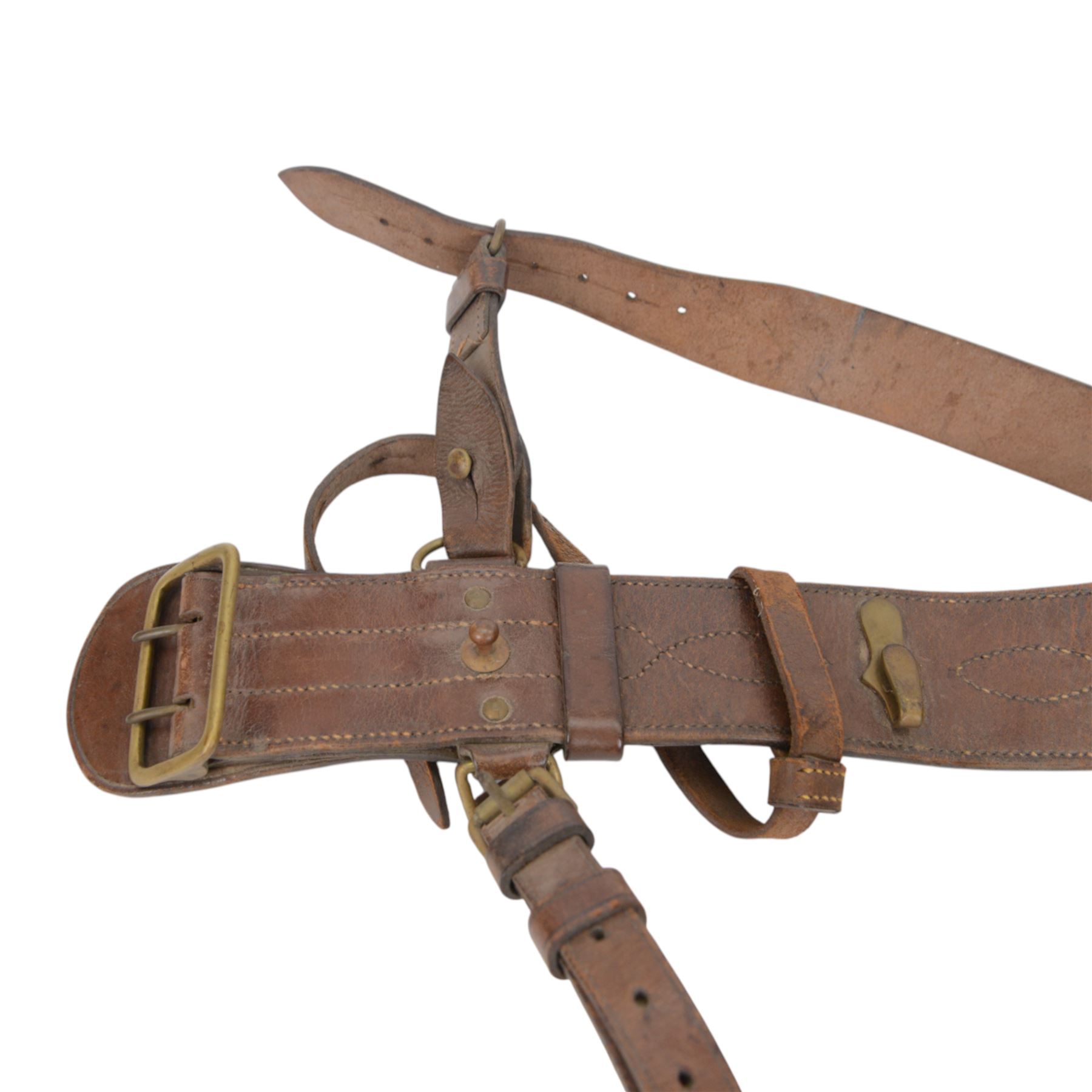 Bates service cap with hand written poem inside, together with Officer's Sam Browne brown leather belt, pistol holder and sword frog