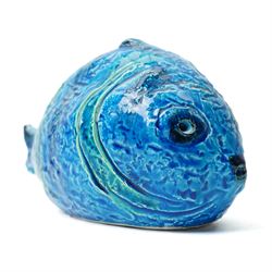 Mid-century Aldo Londi for Bitossi blue pottery fish, stamped Bitossi to the interior, W18cm 