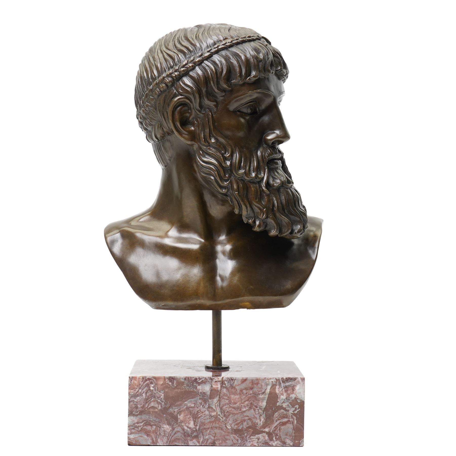 After the antique – a bronze bust modelled on the Artemision Bronze depicting the Greek god Zeus, the bearded head with intense gaze and idealised Classical features, raised on a marble plinth
Notes: the original is now held at the Archaeological Museum of Athens after being recovered from the sea off Cape Artemision, H49cm