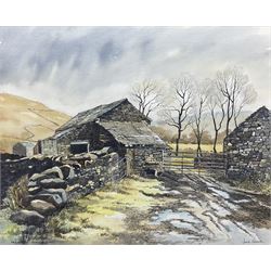 Jane Pearson (Yorkshire 20th century): 'Farm in Swaledale', watercolour and ink signed and titled 38cm x 47cm