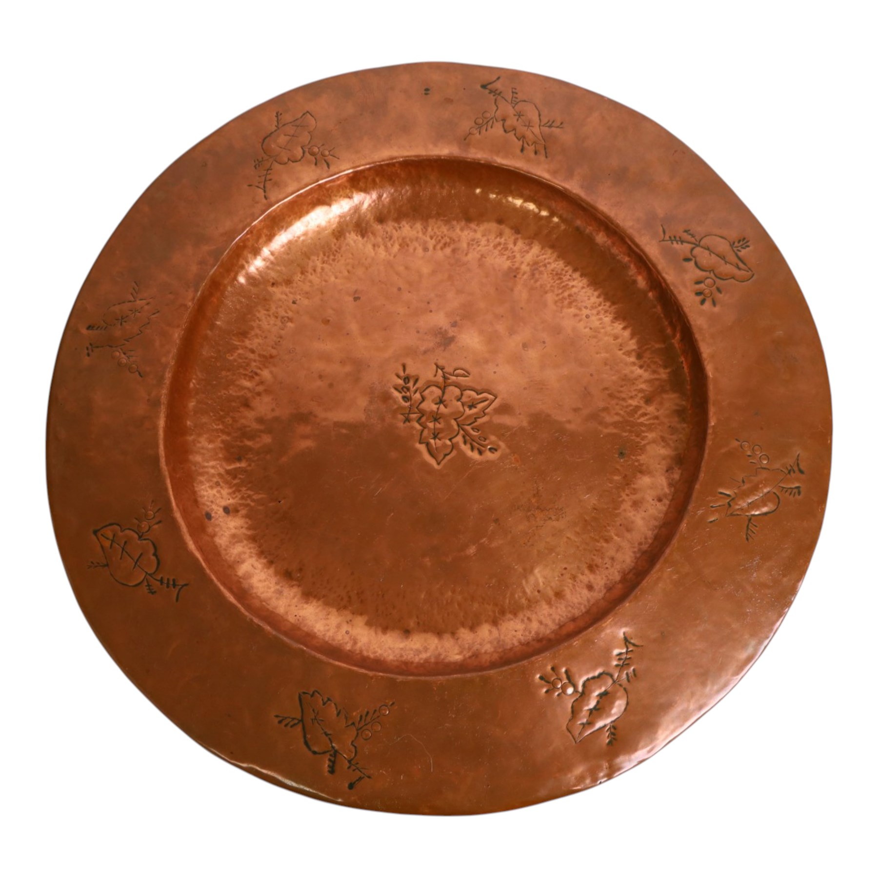 Arts & Crafts Liberty & Co copper charger embossed with stylised leaf design, stamped underneath rim, D44cm