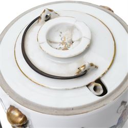 Chinese 18th/19th century Ming dynasty ceremonial teapot carrier, each side painted with scenes of ladies attending a tea ceremony, the internal teapot also painted with ladies in traditional dress, H13cm; together with a Chinese famille verte vase, painted with a traditional landscape, archaic mark to base, H14.5cm 