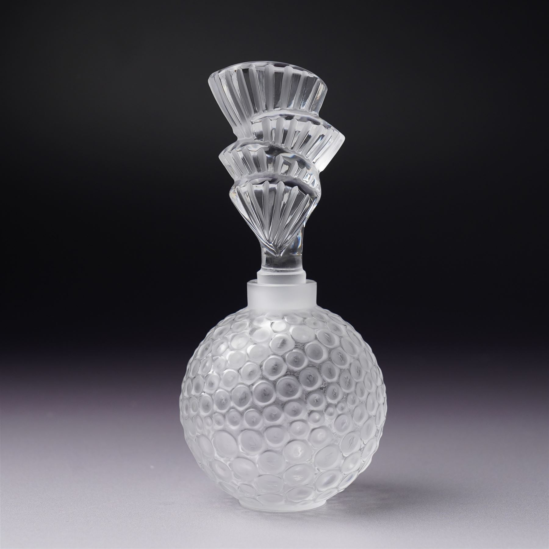Lalique 'Baptiste' clear and frosted glass scent bottle H6cm and another Lalique 'Palmette' scent bottle H11cm both inscribed 'Lalique, France' (2) 