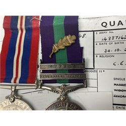 George VI General Service Medal with two clasps for Palestine 1945-48 and Cyprus and MID oak leaf awarded to 14887162 Sjt. C.F.A. Lloyd R.A.M.C. together with WW2 War Medal 1939-1945; both with ribbons; and quantity of photocopied research material including Army Records and London Gazette