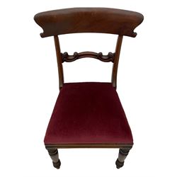 Seven early 19th century mahogany dining chairs - set six side chairs with scroll carved middle rails (W46cm), and a carver elbow chair with rope twist middle rail