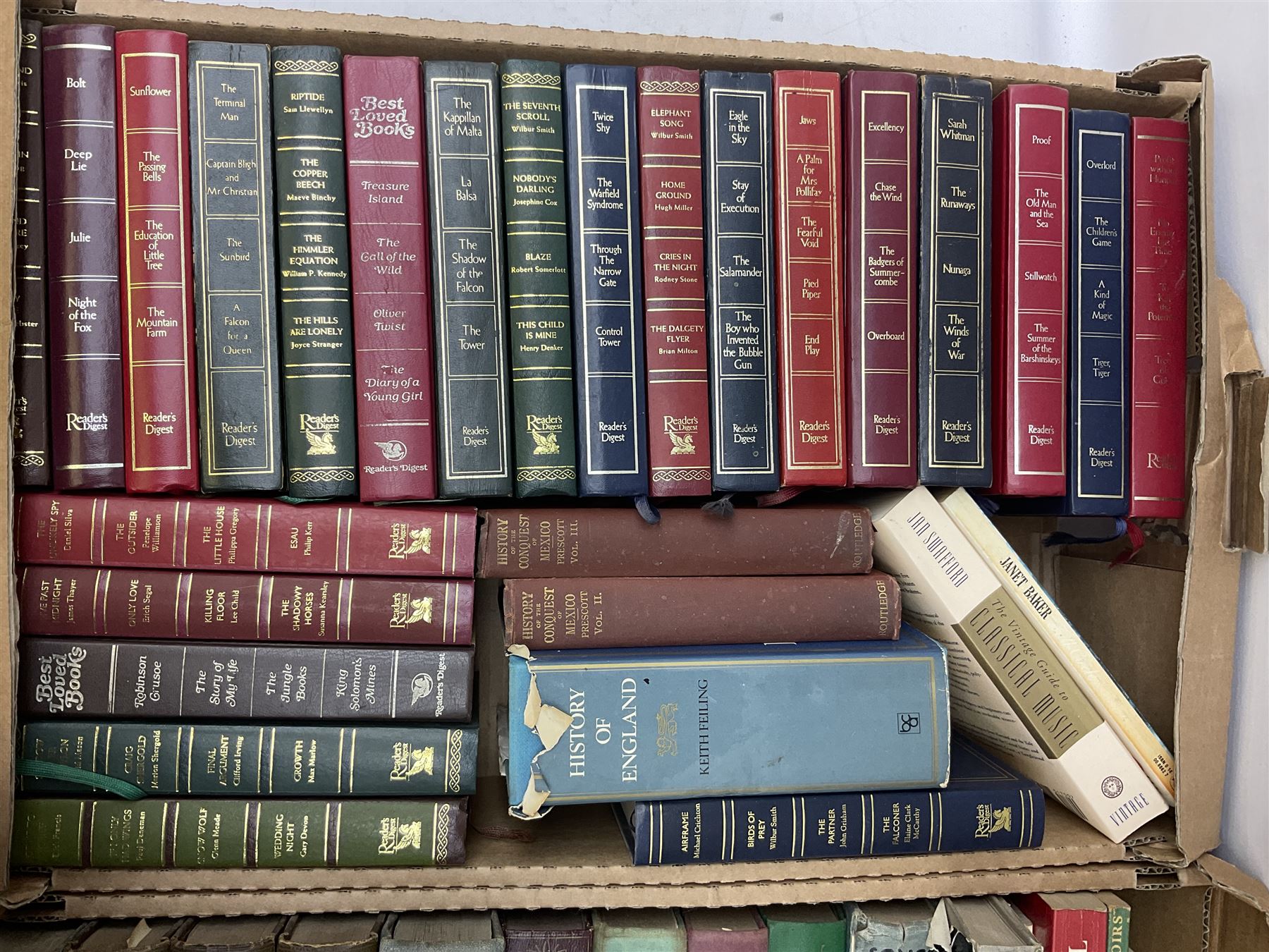Collection of books, to include eight volumes of The Harmsworth Encyclopaedia, Dicken novels, readers digest books etc in five boxes