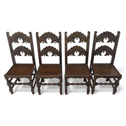 Early 20th century set of seven Jacobean Revival oak chairs, comprising pair of cavers and five chairs, each with carved mask and scroll decoration to the crest and and back rail, plain oak seat, upon turned front legs and block rear legs with conforming stretchers