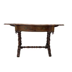 Victorian figured mahogany stretcher table, shaped and moulded drop leaf top over two drawers, on quadruple pillar supports, shaped and moulded feet joined by turned stretcher