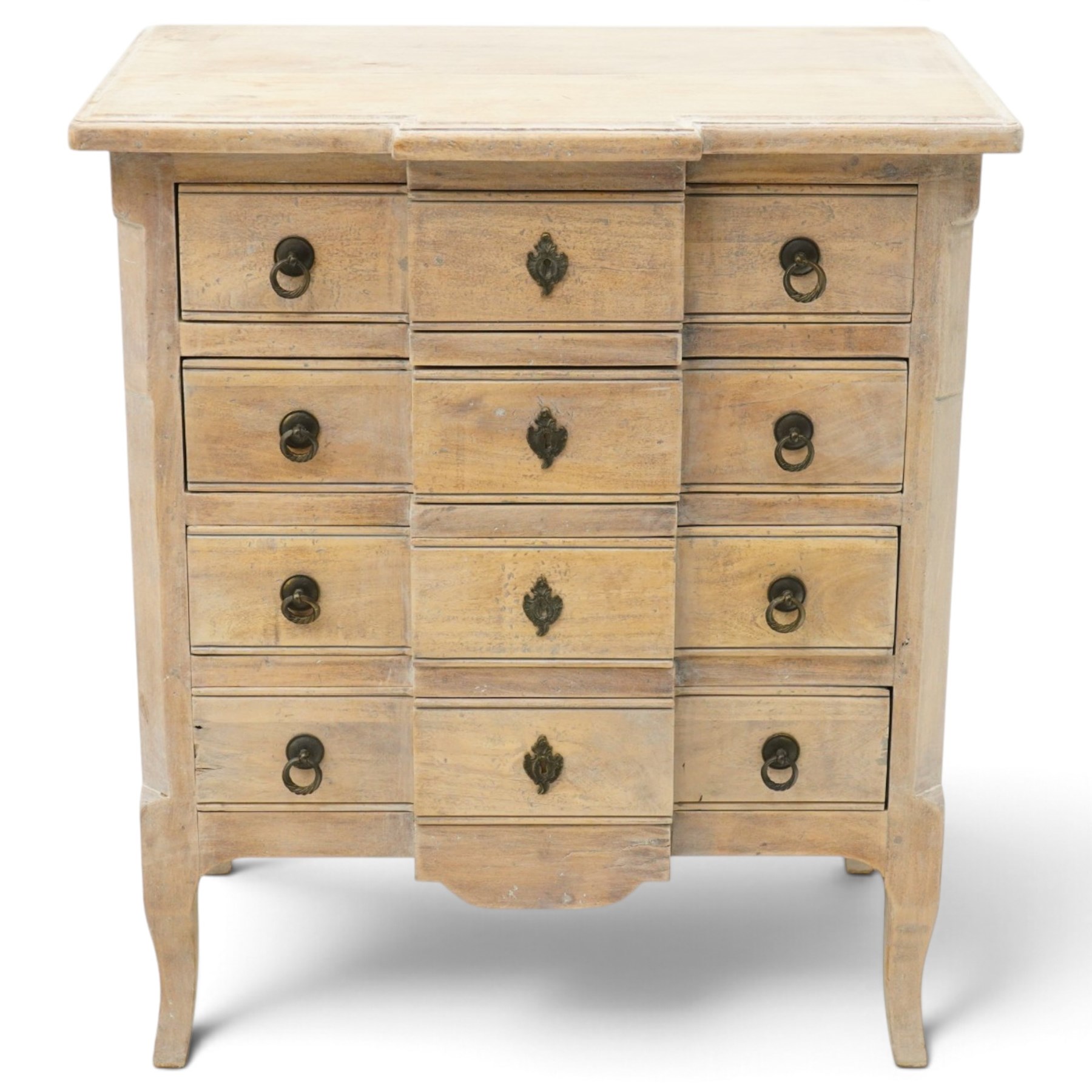 ML DS OKA - French design chest of drawers with limed oak finish, moulded breakfront top over four long drawers with metal ring handles and decorative escutcheons, panelled sides and shaped apron, on cabriole supports