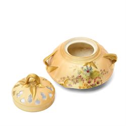 Early 20th century Royal Worcester blush ivory items including jug painted with floral sprays and with gilt handle H14cm, pot pourri with pierced cover, small two handled vase H8cm and two lidded pots (5)