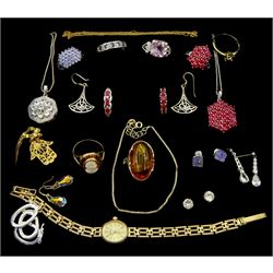  9ct gold jewellery including cameo ring, necklace and bracelet and a 9ct gold Geneve quartz bracelet wristwatch, silver and stone set silver jewellery including tanzanite rings and cubic zirconia pendant and a gilt Fatima hand pendant necklace