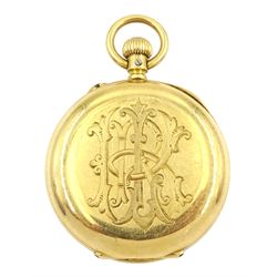 Swiss 18ct gold open face keyless cylinder fob watch, white enamel dial with Arabic numerals, back case No. 620122 with monogramed initials, stamped 18c with Helvetia hallmark