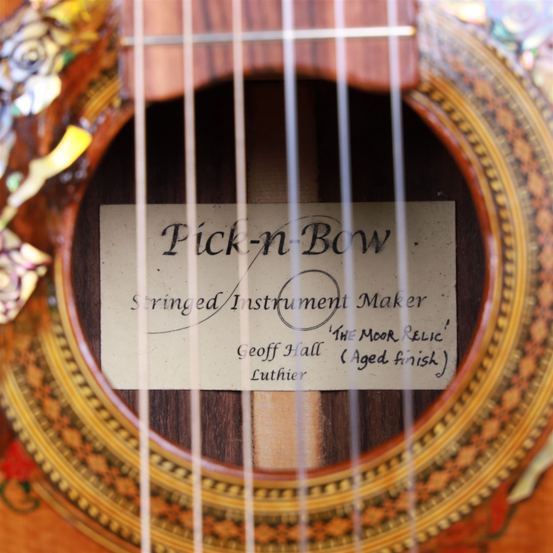 'The Moor Relic' classical guitar, with aged finish and abalone inlay, made by Geoff Hall, stringed instrument maker
