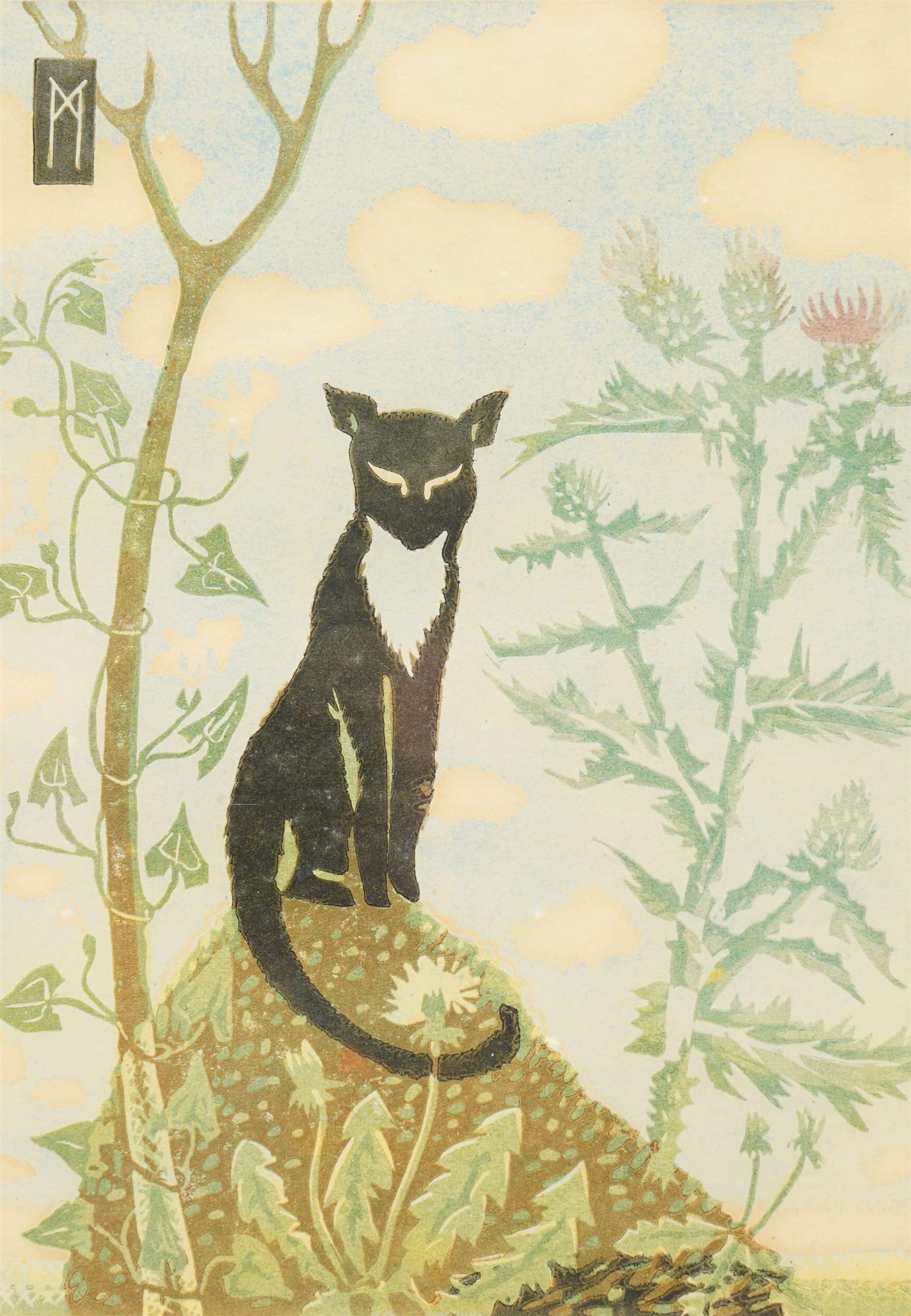 Morris Cox (British 1903-1998): Cat on a Knoll, limited edition woodcut signed titled dated 1946 and numbered 20/33 in pencil, 21.5cm x 15cm