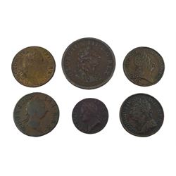 Six 18th century and later Irish coins, including George I 1724 halfpenny, George III 1769 halfpenny, 1805 penny etc