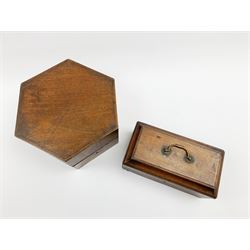A Georgian mahogany tea caddy, the hinged cover with carry handle opening to reveal a compartmented interior, L26.5cm, together with a 19th century mahogany box of hexagonal form L32cm. (2). 