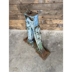 Pair of late 19th century heavy cast iron garden industrial trestles, painted in distressed blue paint