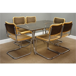 1970s/80s probably 'Habitat' smoke glass top dining table on curved chrome base (153cm x 92cm, H72cm), and set six 'Cesca' style dining chairs   