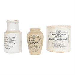  Collection of 19th century and later ointment jars, pots and lids, including Burgess's Anchovy paste, Woods Areca Toothpaste, Boots Cold Cream and framed Prattware pot lids