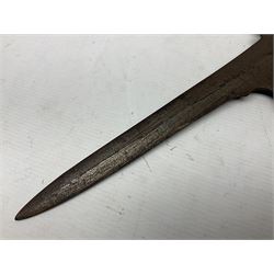 Moroccan jambiya dagger with 24.5cm plain curved blade stamped LONDON to the ricasso area, the hilt and scabbard overlaid with plain sheet brass to the back and ornate silver coloured metal to the front; waisted grip and arched pommel; two pyramid mounts to the scabbard L41cm overall; large billhook with curving blade and stacked leather washer grip; and a reproduction halberd blade (3)