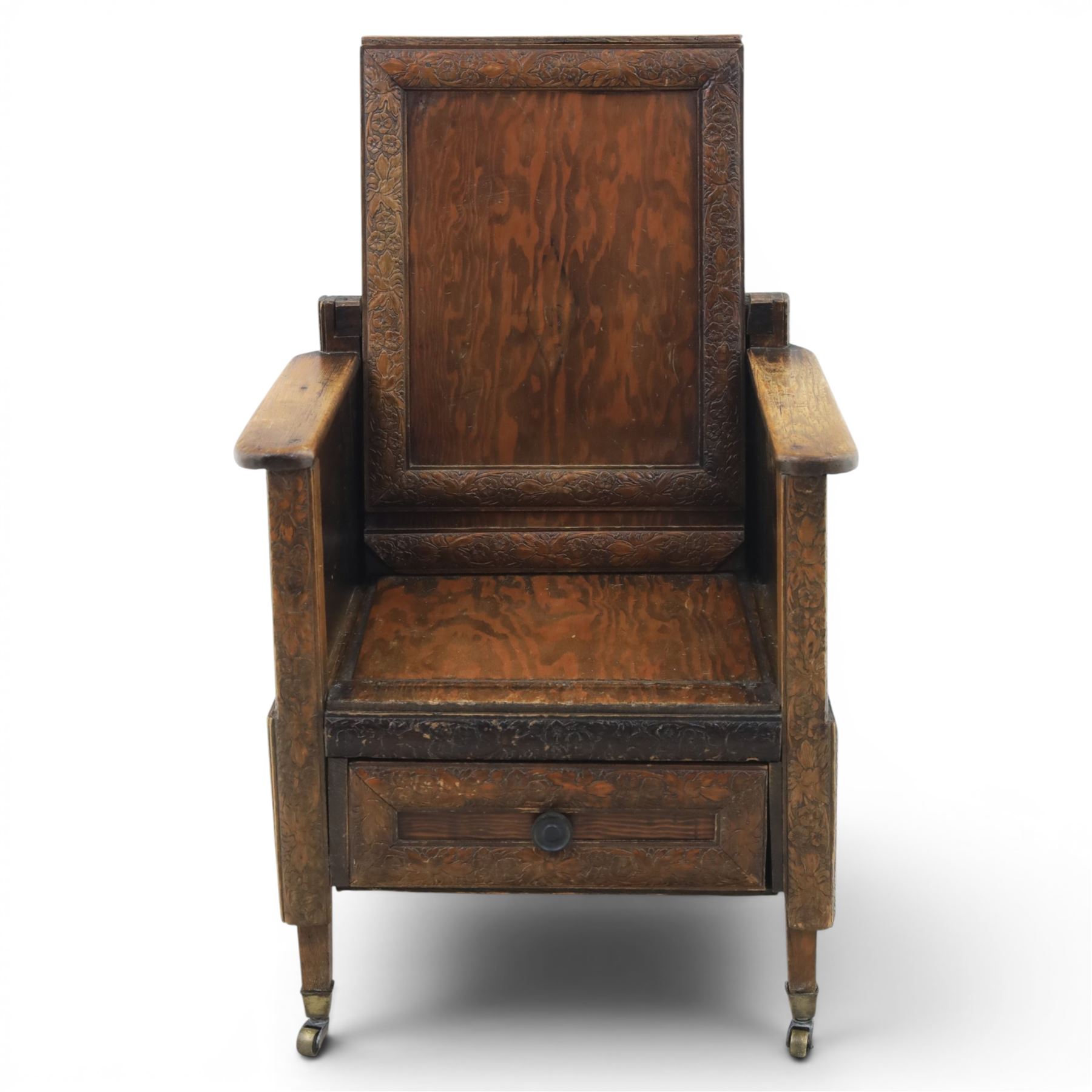 Early 20th century oak framed childs chair, solid seat with drawer to base
