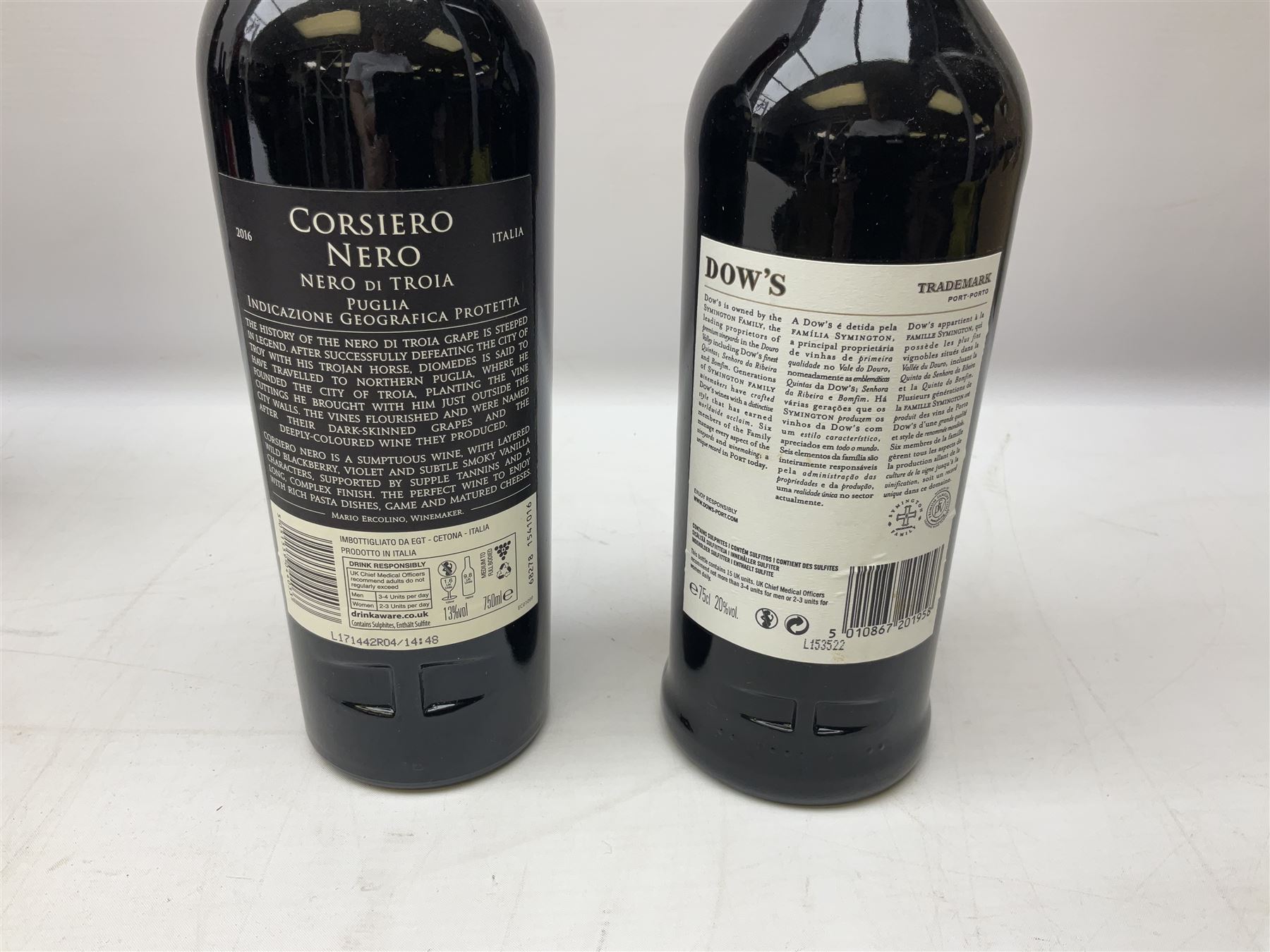 Dow's Trademark Finest Reserve Port, 75cl 20% vol, mixed red wines, two bottles Cuvee Du Vatican Cotes-du-Rhone Reserve de l'abbe 2016, 750ml 14%, Corsiero Nero Nero di Troia 750ml 13% vol and six others of various contents and proofs (9)