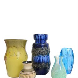 Strathearn glass vase, decorated with multiple swirls against a yellow ground, together with Rudolf Schrötter, blue glass Bullet vase and two other vases 