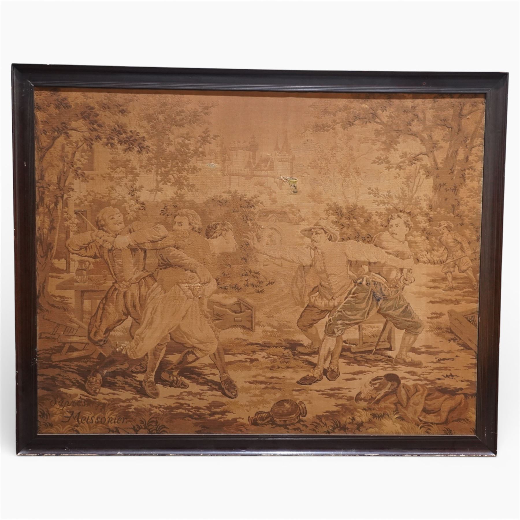 Decorative tapestry panel, the woven composition showing figures in 17th century style costume in an outdoor genre scene, framed within a black painted wooden frame
