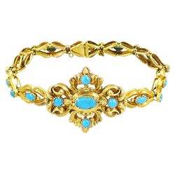 Victorian gold  turquoise bracelet, the scroll design centrepiece set with five cabochon turquoise, on a fancy link turquoise bracelet, in fitted velvet and silk lined box