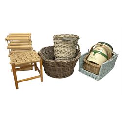 Twin handled wicker log basket, together with a wicker topped stool, wooden wine rack and other items (8)