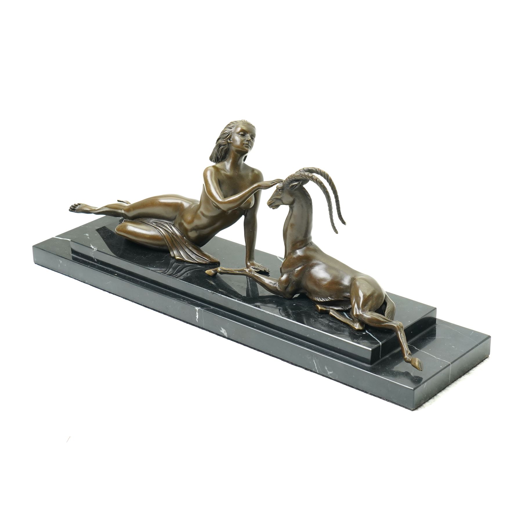 After Pierre Le Faguays (French 1892-1962): 'The Seduction' - Diana with Gazelle, bronze signed Milo, on two tier base, overall W48cm 