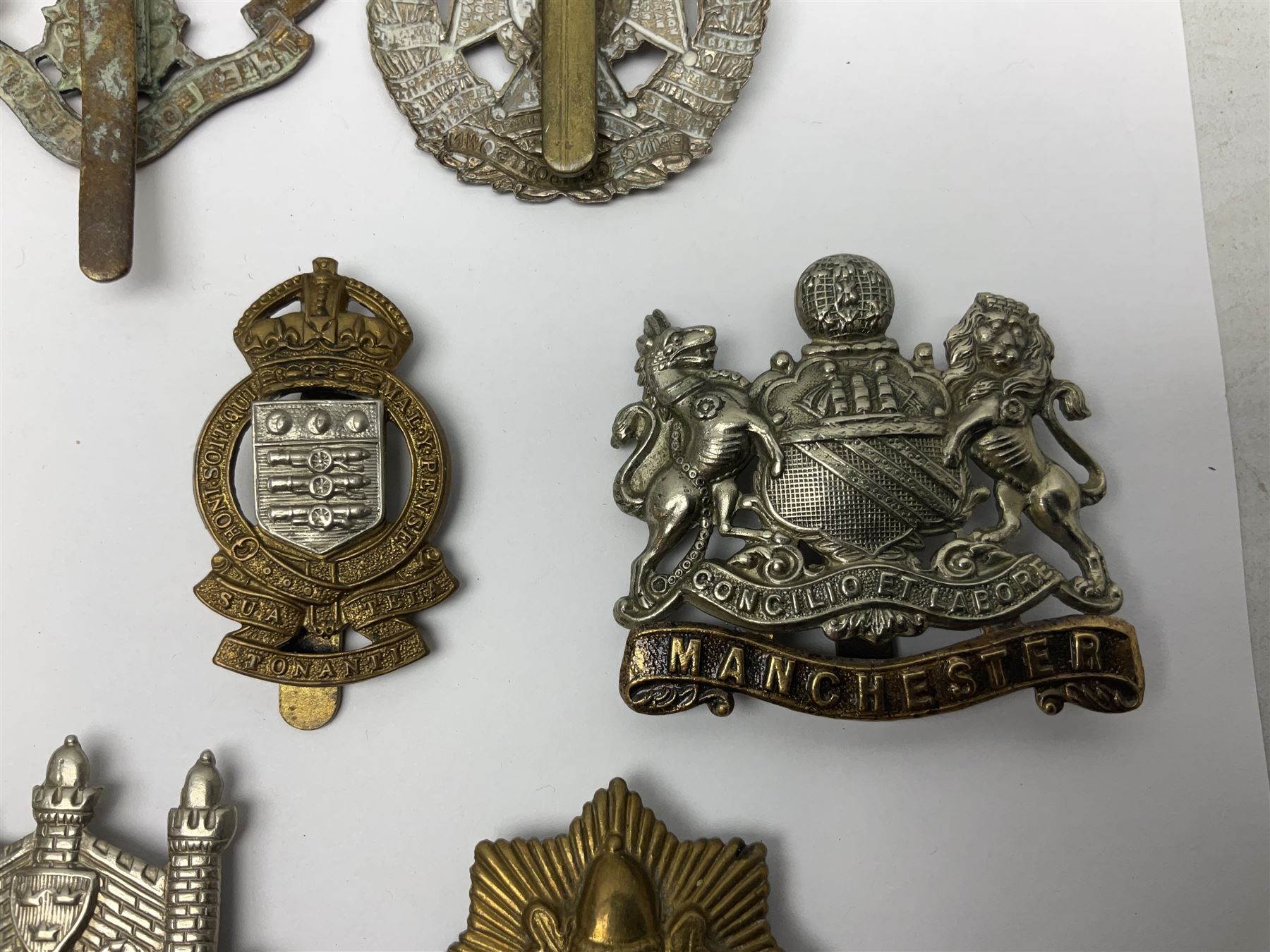 Twenty cap badges including Hertfordshire, Royal Sussex, Cambridgeshire, Hampshire, Notts and Derby, East Surrey, Herefordshire, South Lancashire, Devonshire, Bedfordshire, Durham Light Infantry etc (20)