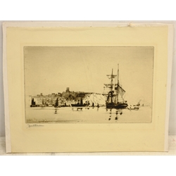 Off Scarborough, etching signed in pencil by Frank Henry Mason (Staithes Group 1875-1965), Hastings, two 19th century pencil drawings dated 1827 unsigned and 'Whitby Abbey' and 'Knaresborough', two early 20th century unsigned max22.5cm x 28.5cm unframed