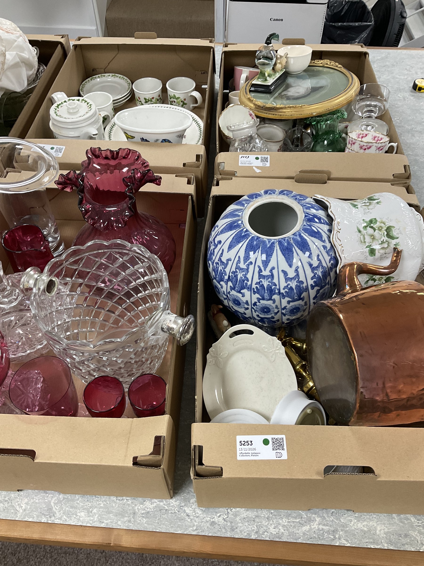 Large collection of items, comprising Portmeirion 'Summer Strawberries' and 'The Botanic Garden', Cranberry glass vase and drinkware, copper tea kettle, and others, in six boxes