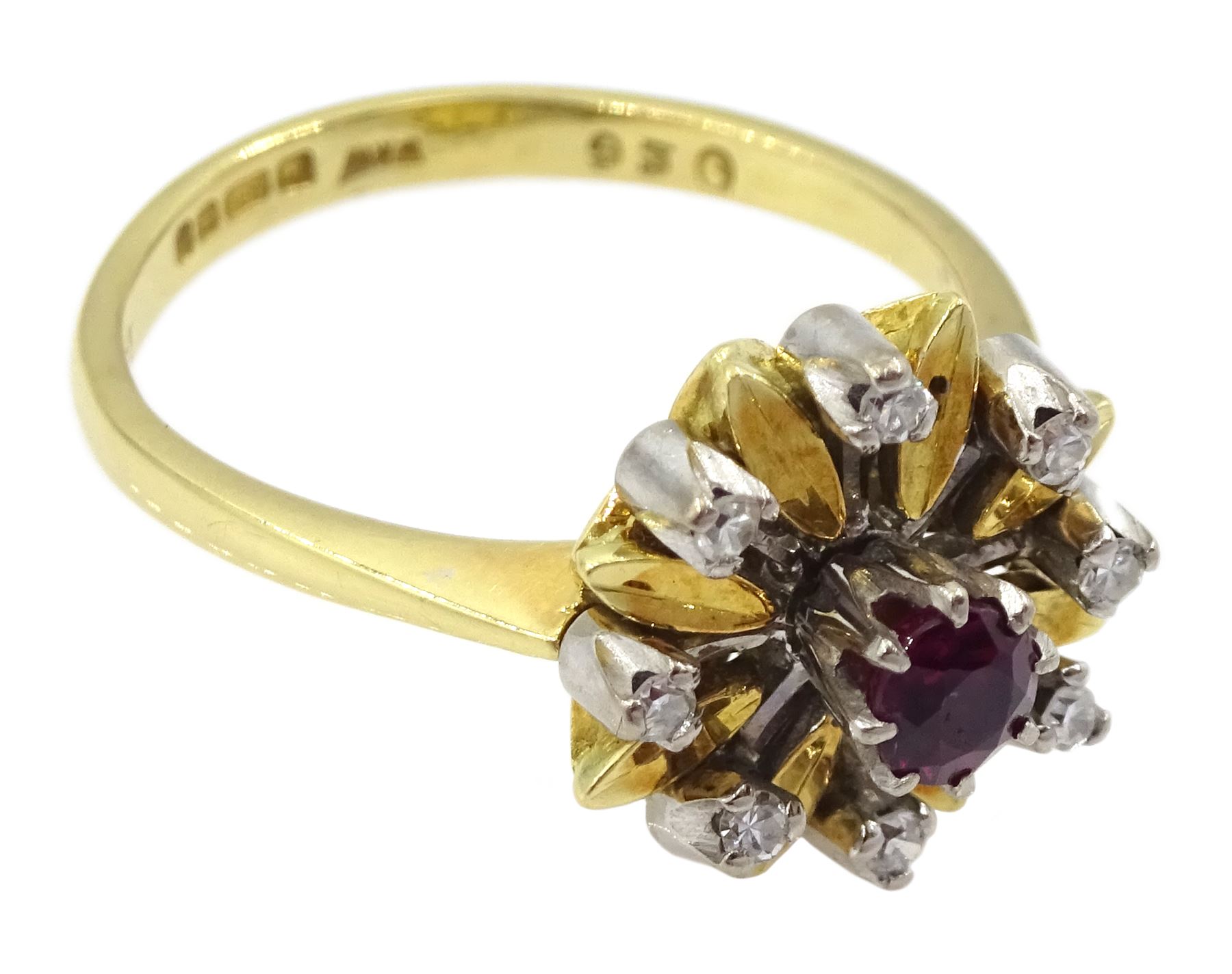 18ct gold ruby and diamond cluster ring, Birmingham 1978