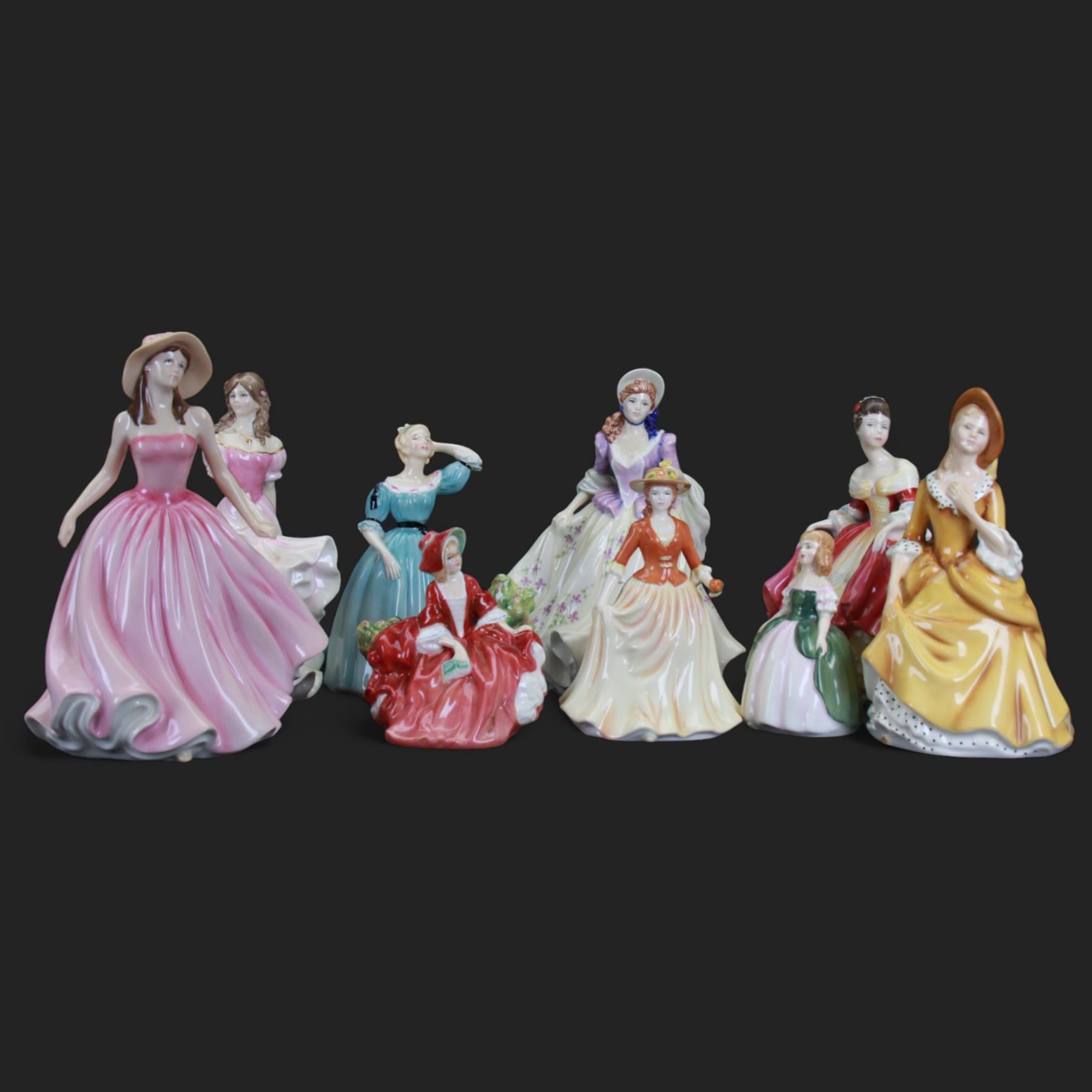Nine Royal Doulton figures, including Sweet Lilac HN3972, Georgina HN4237, Celeste HN2237 etc 
