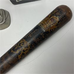 Police - Victorian turned hardwood truncheon with traces of decoration and VR cypher L42cm; Humberside Police helmet with Queens Crown helmet plate; hand lamp inscribed 'The Inspector'; and small pair of pewter figures of police officers (5)