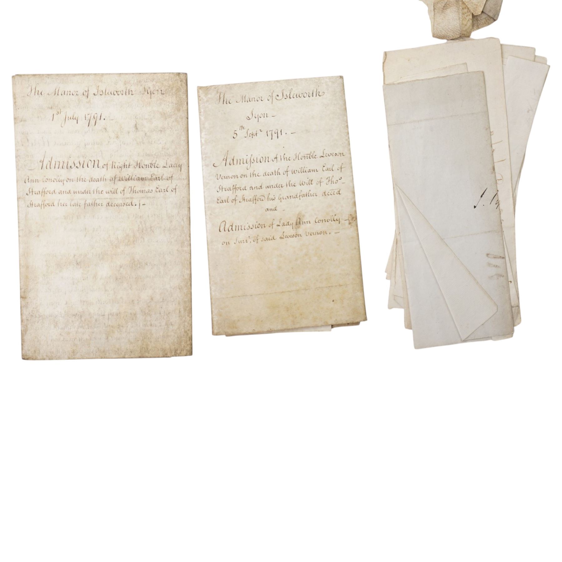 18th century Indenture between Thomas Hyde and Tobias Hodgson of London, framed 37cm x 48cm, 18th century Admission of Rt. Hon. Lady Ann Conolly, the Manor of Isleworth, July 1791, Queen Anne indenture and various others