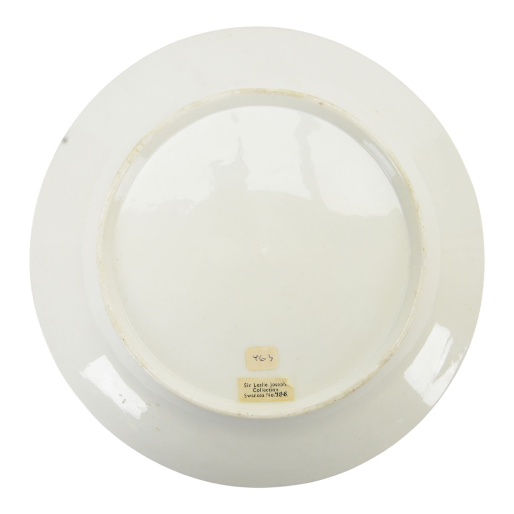 Swansea porcelain dished plate, decorated with band of poppy heads and gilded leaves upon a beige ground, with Sir Leslie Joseph Collection label beneath, D20.5cm