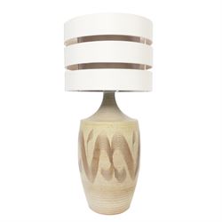 Hornsea pottery lamp, of baluster form with elongated neck, with a brown spiral pattern on...