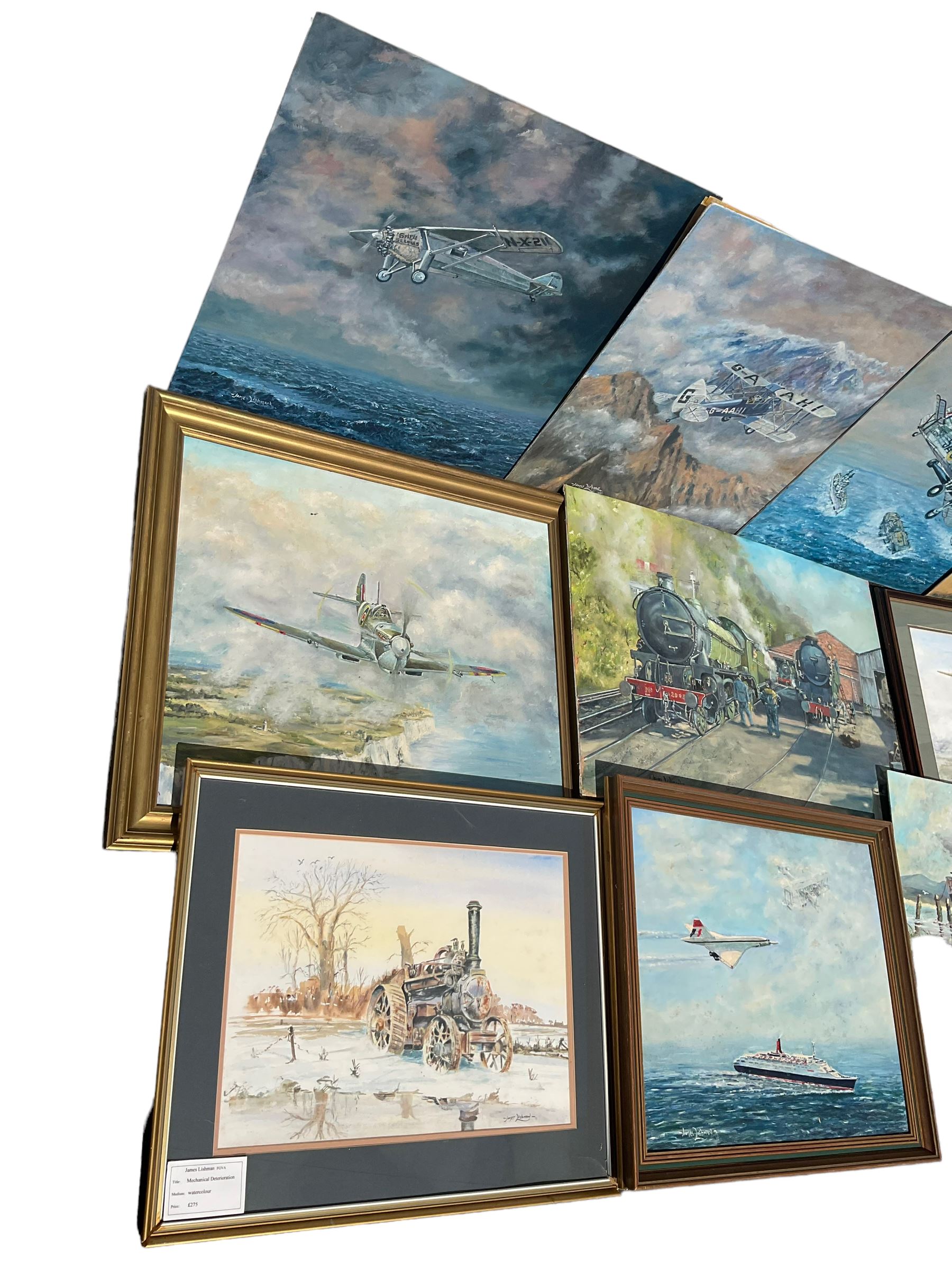 Collection of James Lishman (British 1931-2024) oils and watercolours all signed mostly aeronautical and maritime scenes (10)